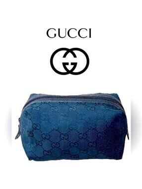 GUCCI Cosmetic Pouch GG Black Canvas Leather Vintage, Medium Size